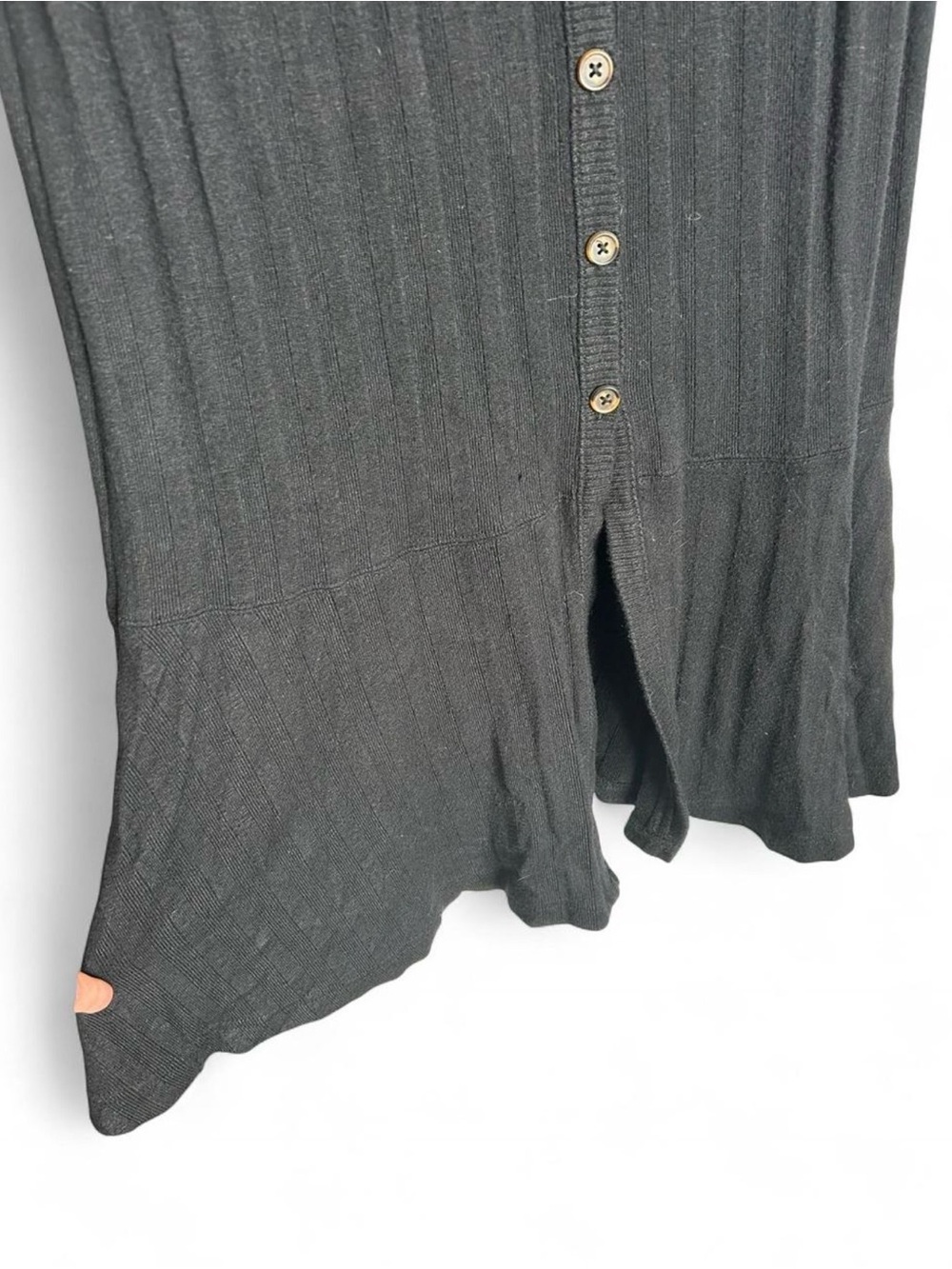 Black Ribbed Button-Front Long Cardigan - Picture 4 of 7
